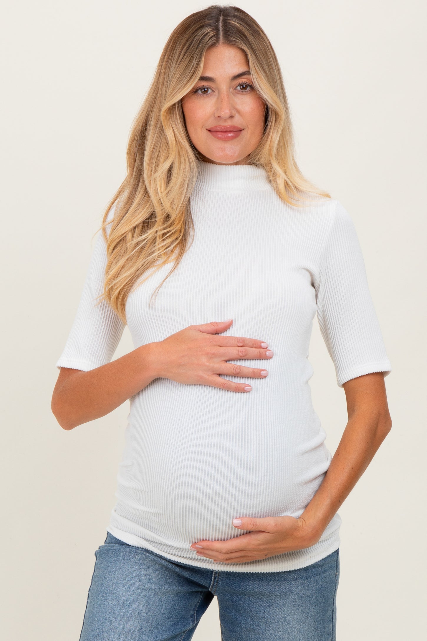 White Soft Brushed Knit Mock Neck Maternity Top