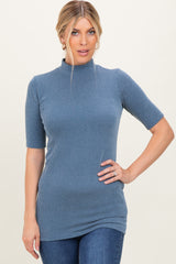 Denim Blue Soft Brushed Knit Mock Neck Top