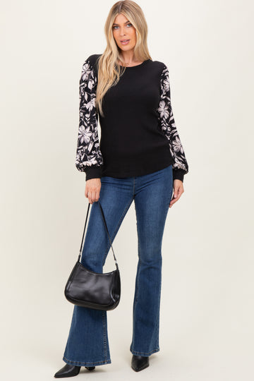 Black Floral Sleeve Ribbed Knit Top