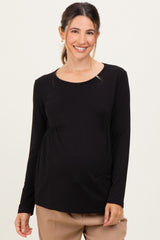 Black French Terry Long Sleeve Scoop Neck Maternity Top