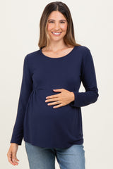 Navy French Terry Long Sleeve Scoop Neck Maternity Top