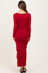 Red Long Sleeve Side Slit Maternity Maxi Dress