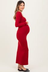 Red Long Sleeve Side Slit Maternity Maxi Dress