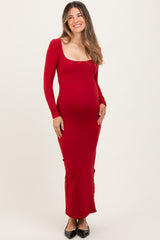 Red Long Sleeve Side Slit Maternity Maxi Dress