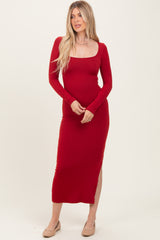 Red Long Sleeve Side Slit Maxi Dress