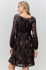 Black Floral Velvet Ruffle Accent Dress
