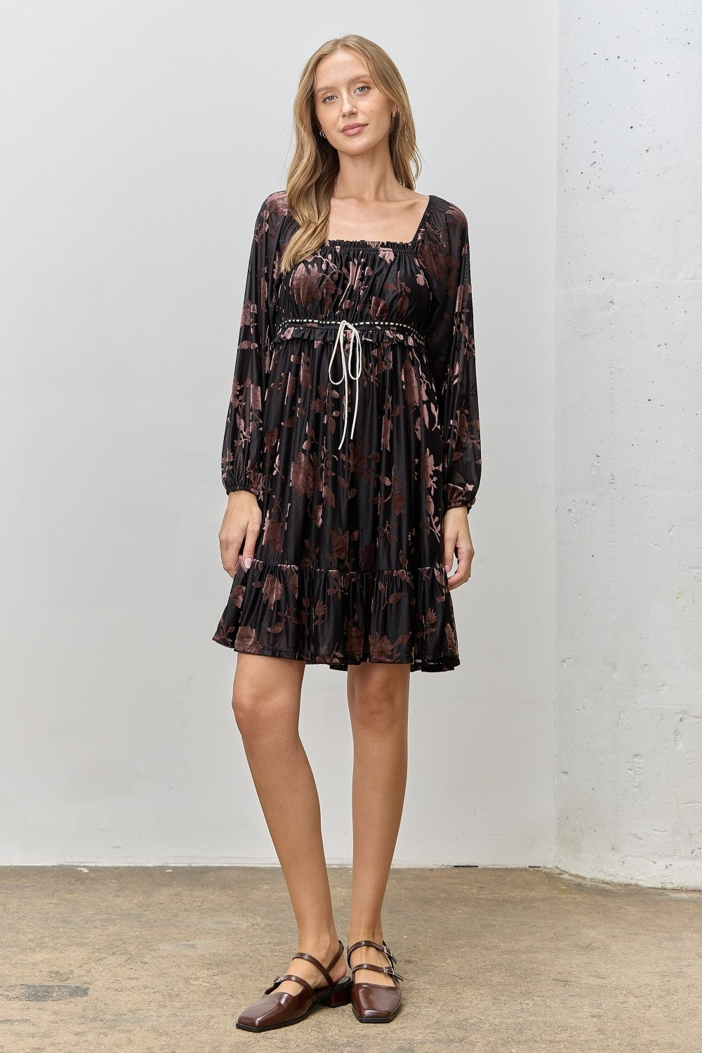Black Floral Velvet Ruffle Accent Dress