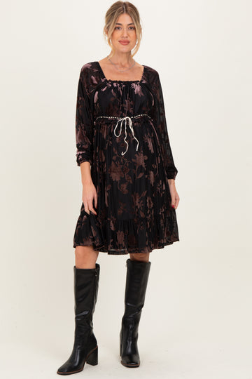 Black Floral Velvet Ruffle Accent Maternity Dress