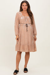 Mocha Floral Velvet Ruffle Accent Maternity Dress