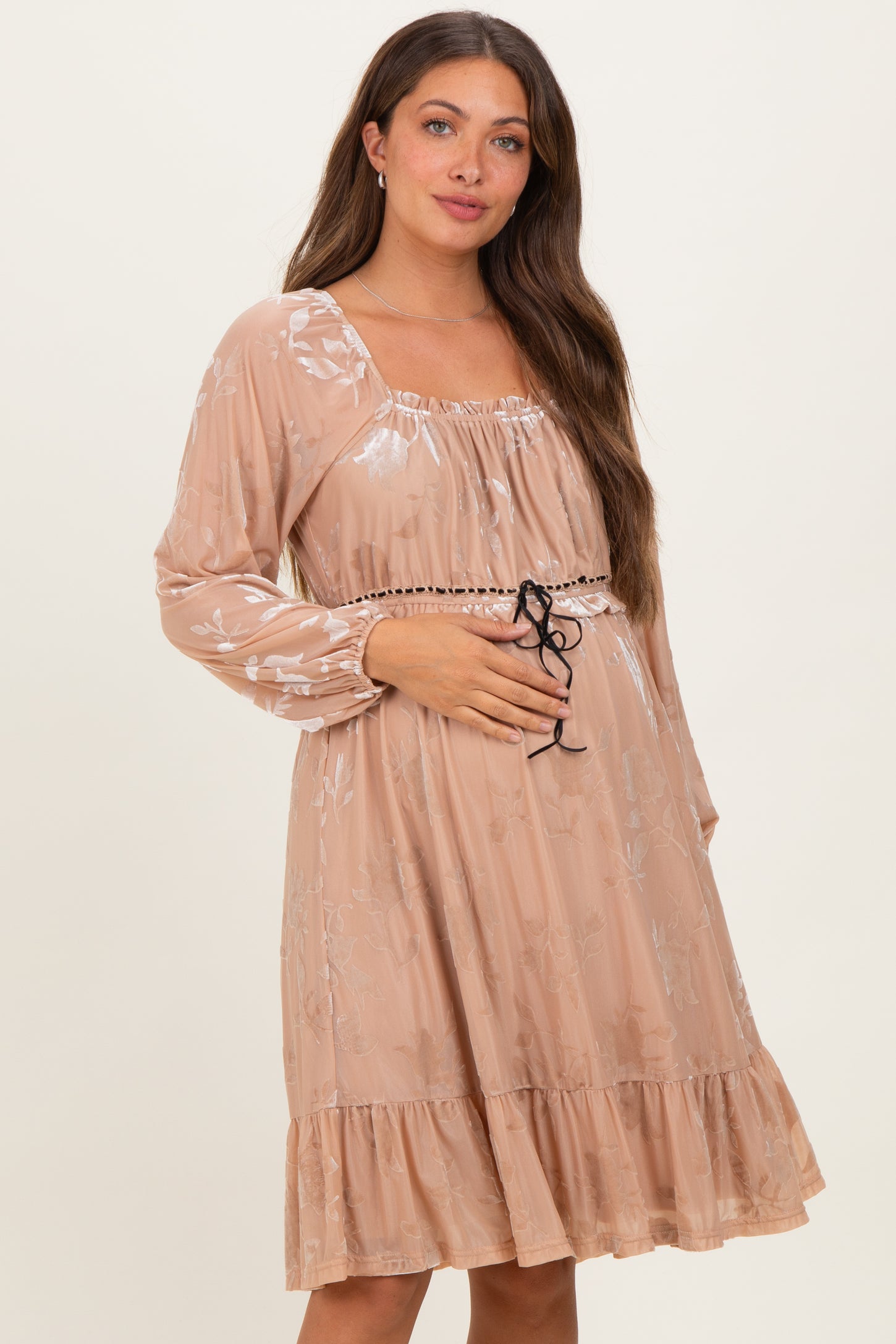 Mocha Floral Velvet Ruffle Accent Maternity Dress