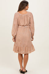 Mocha Floral Velvet Ruffle Accent Maternity Dress