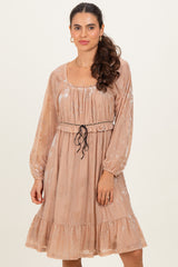 Mocha Floral Velvet Ruffle Accent Dress