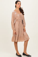 Mocha Floral Velvet Ruffle Accent Dress