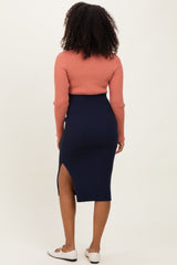 Pink Navy Knit Colorblock Long Sleeve Midi Dress