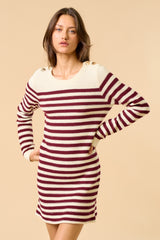 Burgundy Striped Button Accent Maternity Mini Sweater Dress