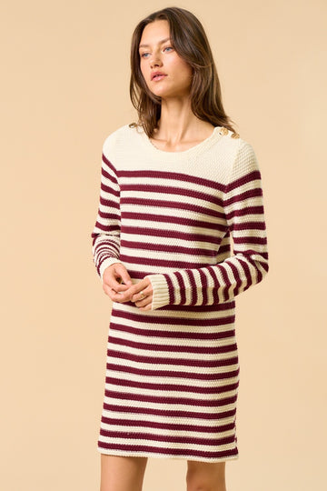 Burgundy Striped Button Accent Mini Sweater Dress
