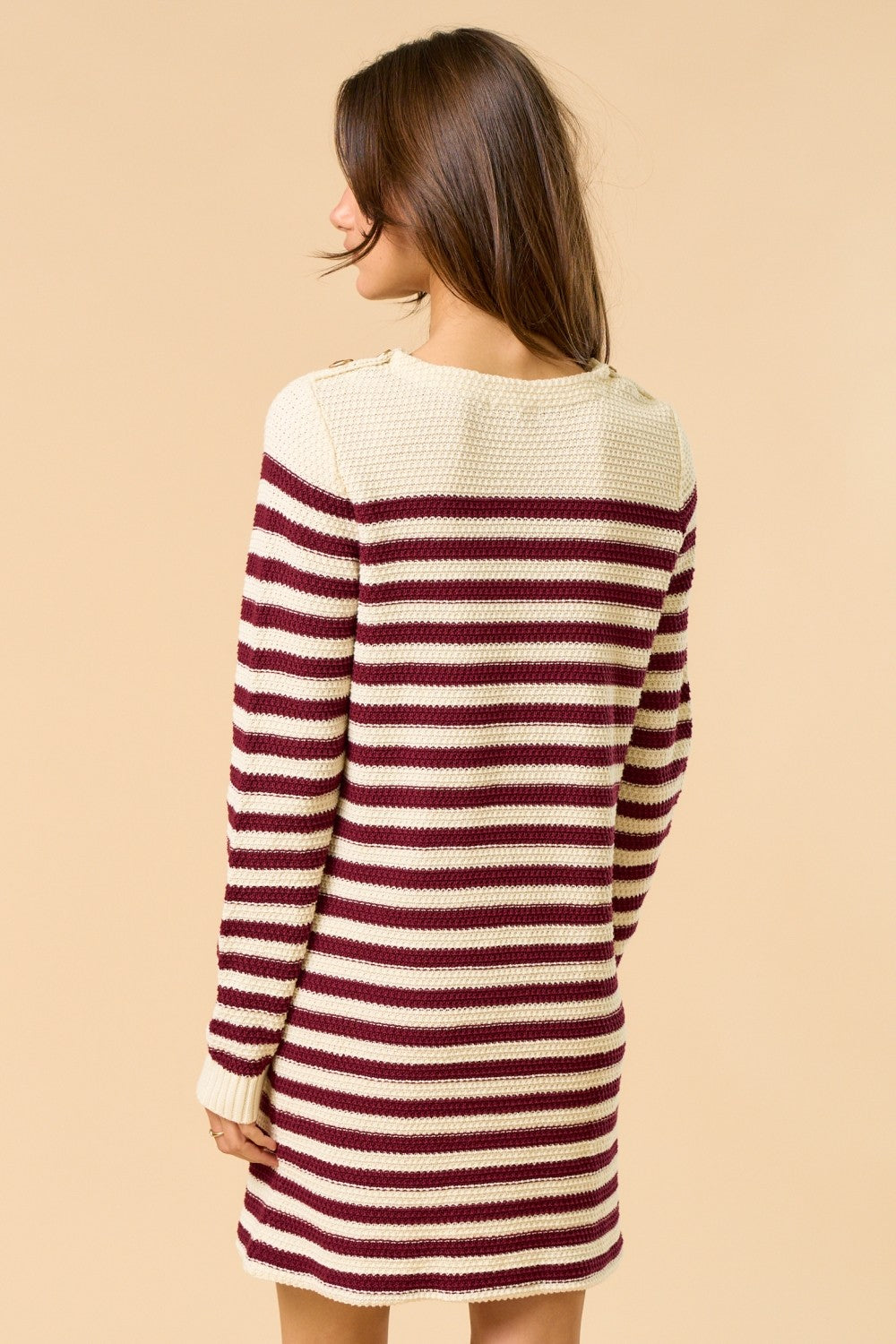 Burgundy Striped Button Accent Mini Sweater Dress