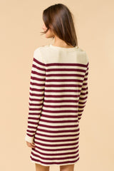 Burgundy Striped Button Accent Mini Sweater Dress