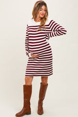 Burgundy Striped Button Accent Maternity Mini Sweater Dress
