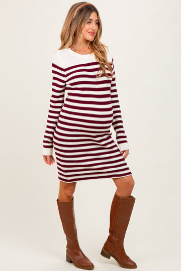 Burgundy Striped Button Accent Maternity Mini Sweater Dress