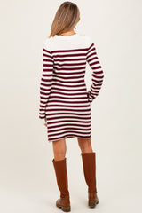 Burgundy Striped Button Accent Maternity Mini Sweater Dress