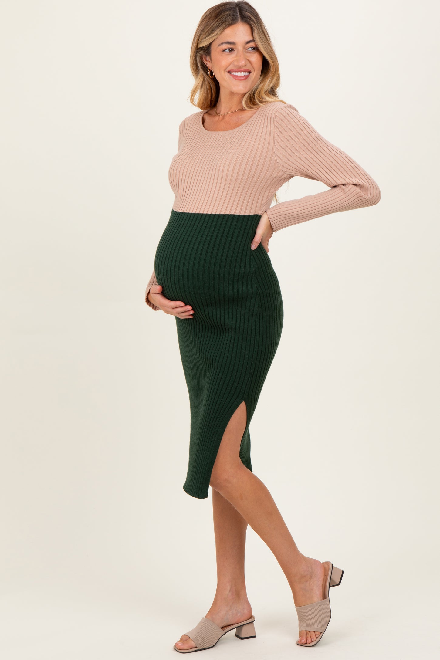 Beige Knit Colorblock Long Sleeve Maternity Midi Dress