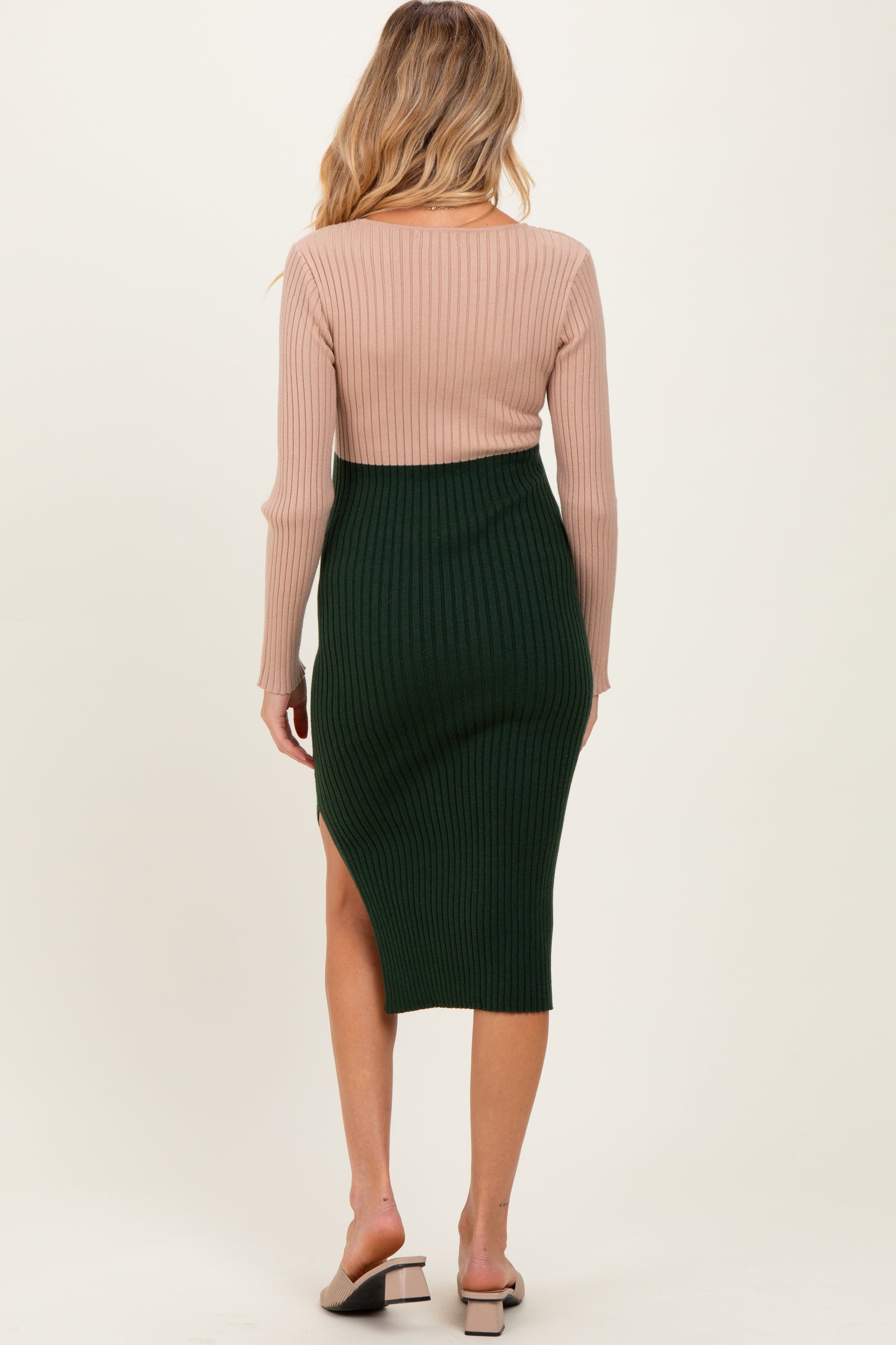 Beige Knit Colorblock Long Sleeve Maternity Midi Dress