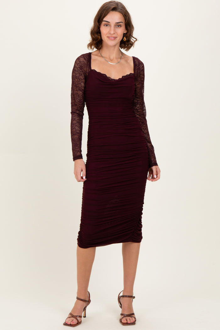 Burgundy Ruched Lace Sleeve Midi Dress