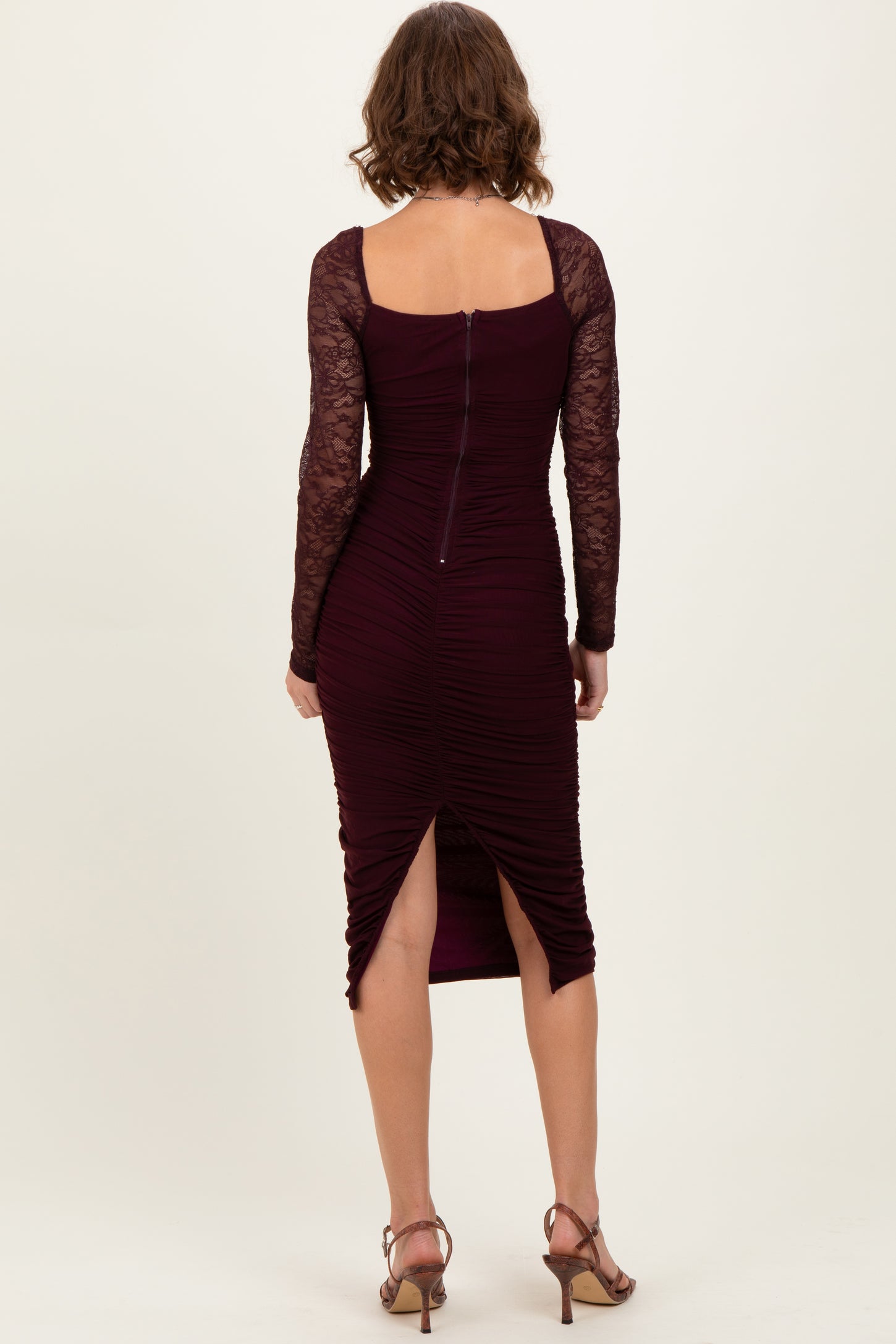 Burgundy Ruched Lace Sleeve Midi Dress