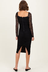 Black Ruched Lace Sleeve Midi Dress