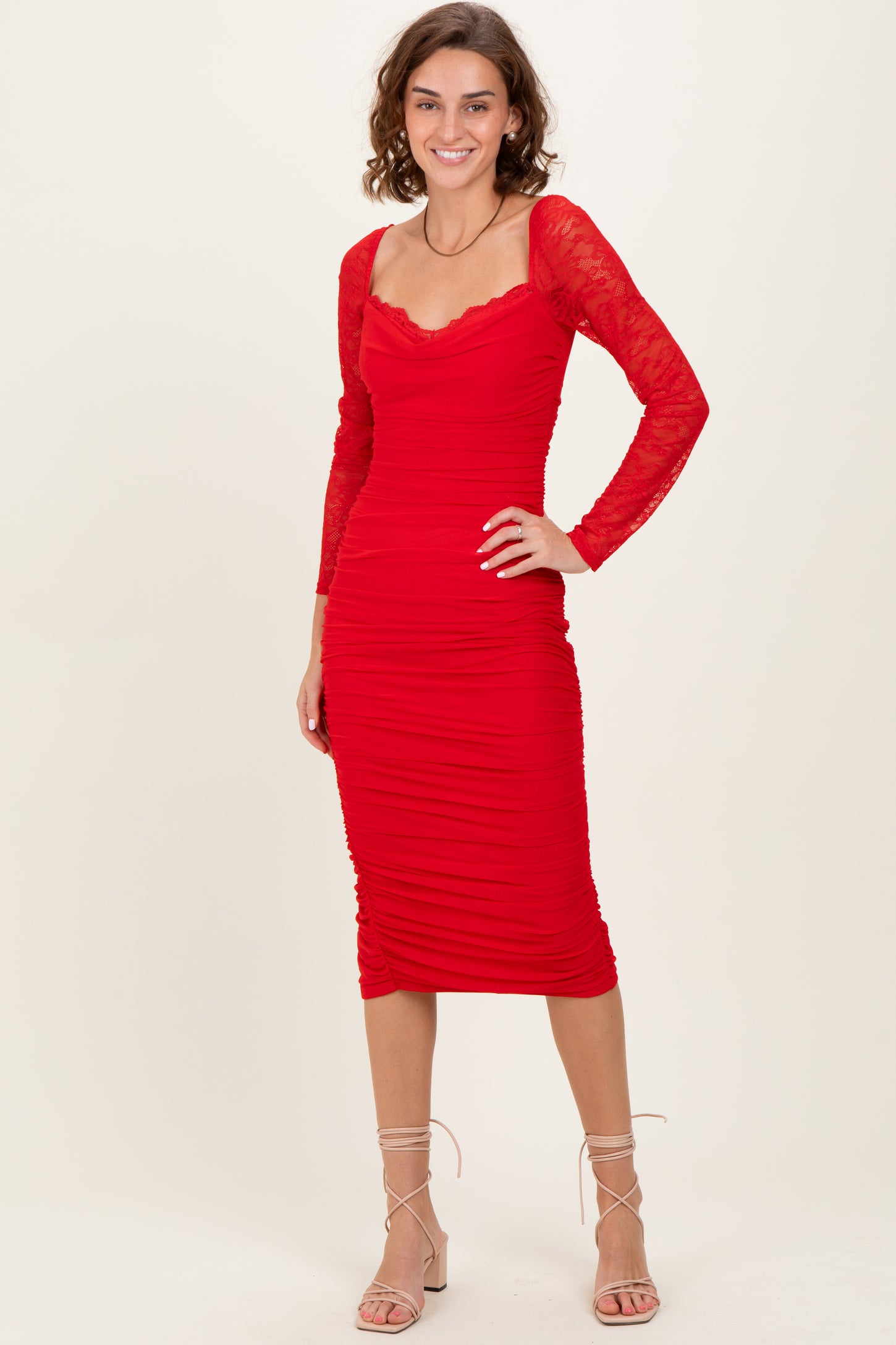 Red Ruched Lace Sleeve Maternity Midi Dress