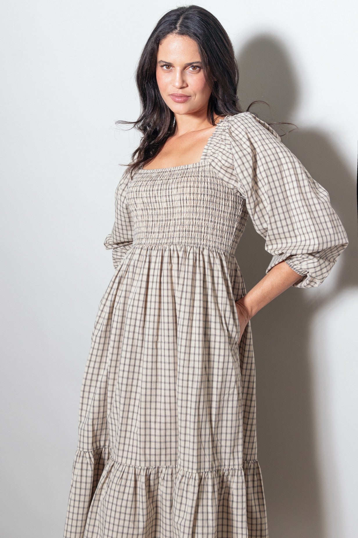 Beige Plaid Smocked Puff Sleeve Midi Dress