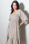 Beige Plaid Smocked Puff Sleeve Midi Dress