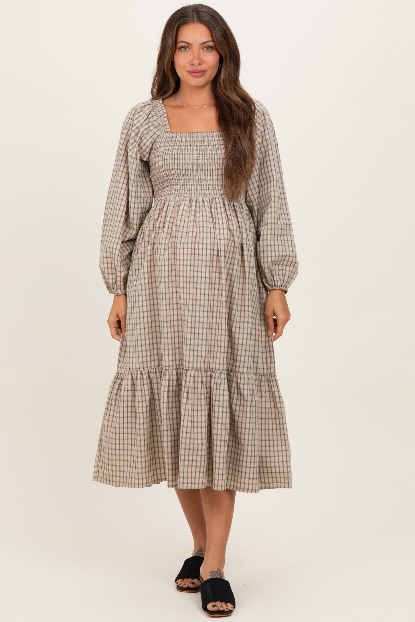 Beige Plaid Smocked Puff Sleeve Maternity Midi Dress
