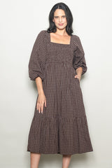 Brown Plaid Smocked Puff Sleeve Midi Dress