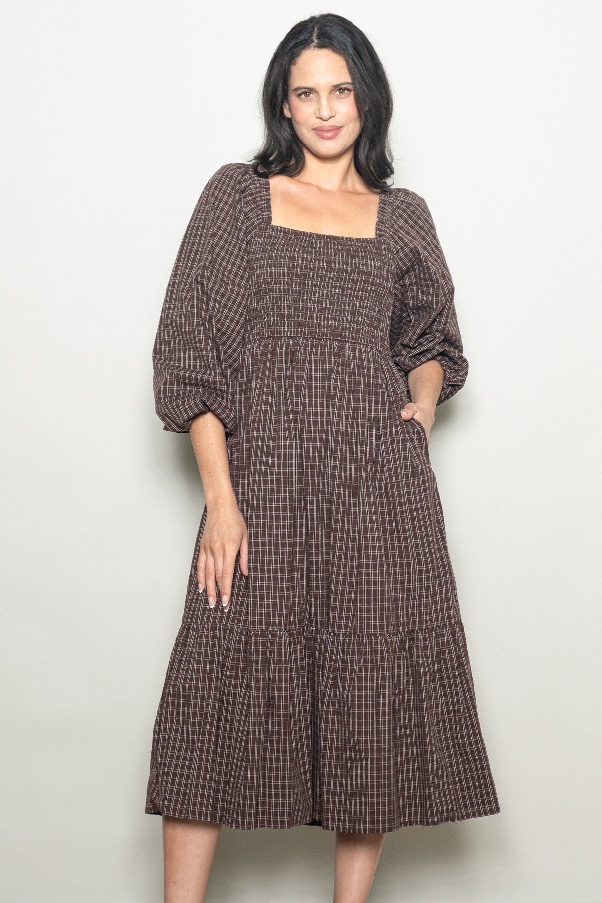 Brown Plaid Smocked Puff Sleeve Midi Dress
