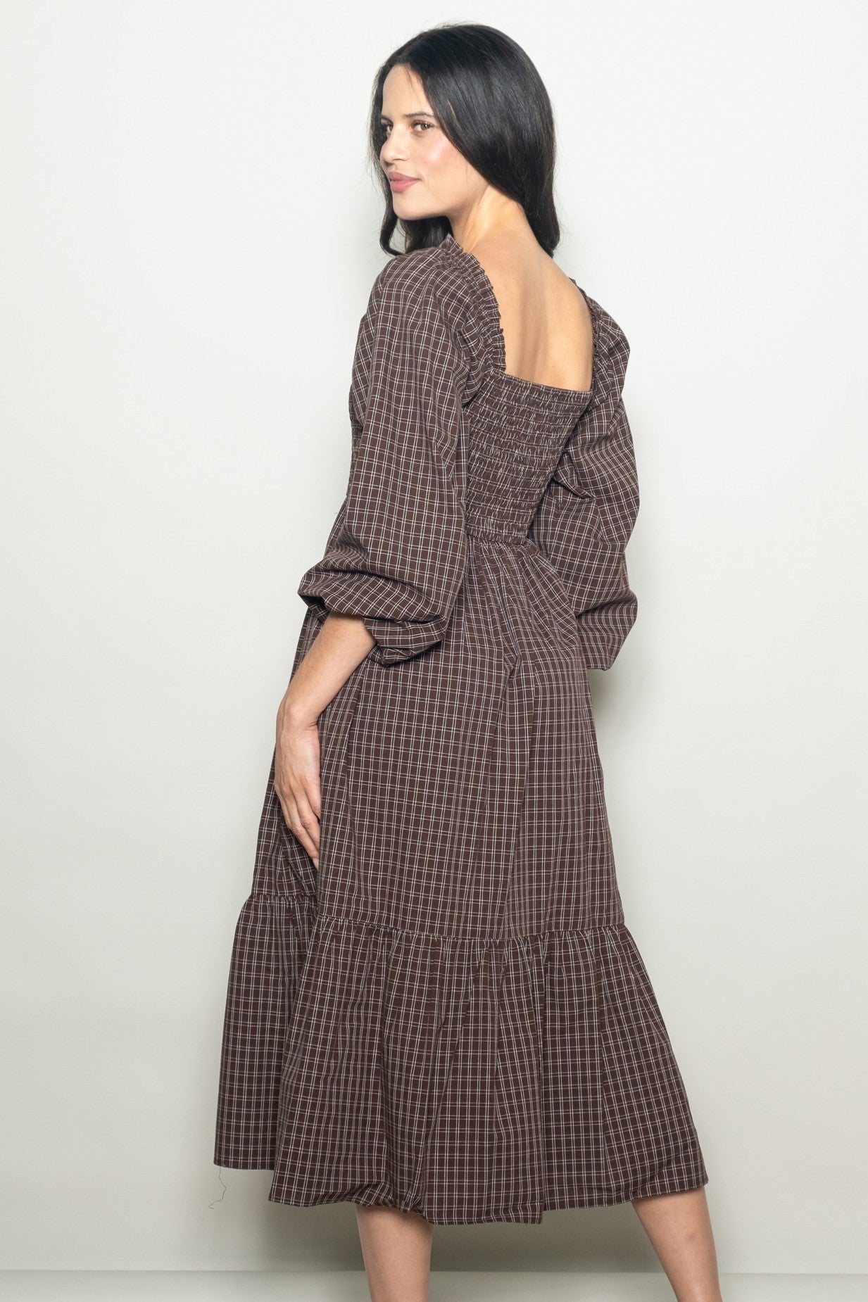 Brown Plaid Smocked Puff Sleeve Midi Dress