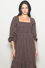 Brown Plaid Smocked Puff Sleeve Midi Dress