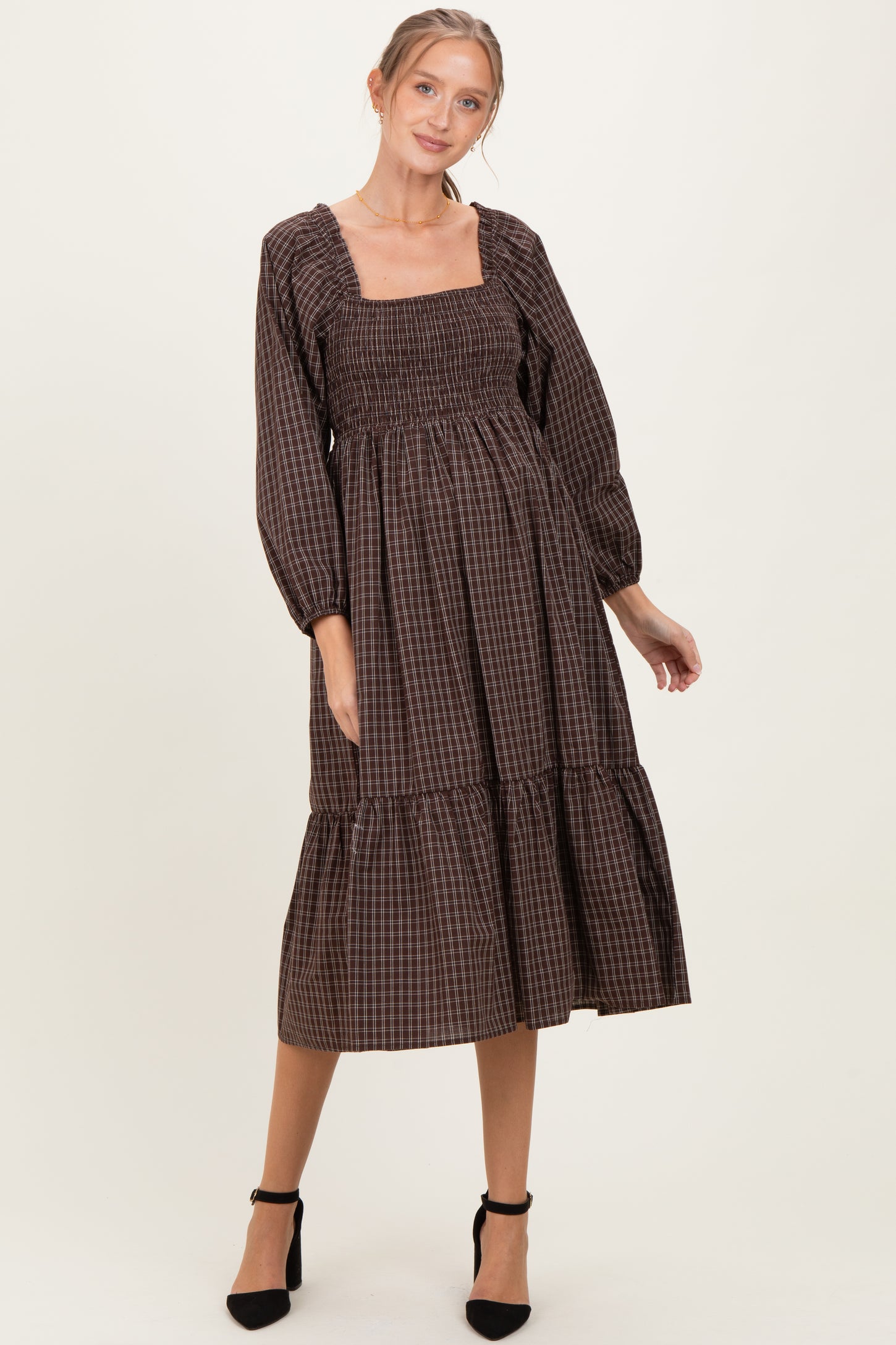 Brown Plaid Smocked Puff Sleeve Maternity Midi Dress