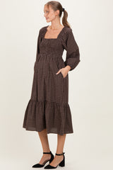 Brown Plaid Smocked Puff Sleeve Maternity Midi Dress