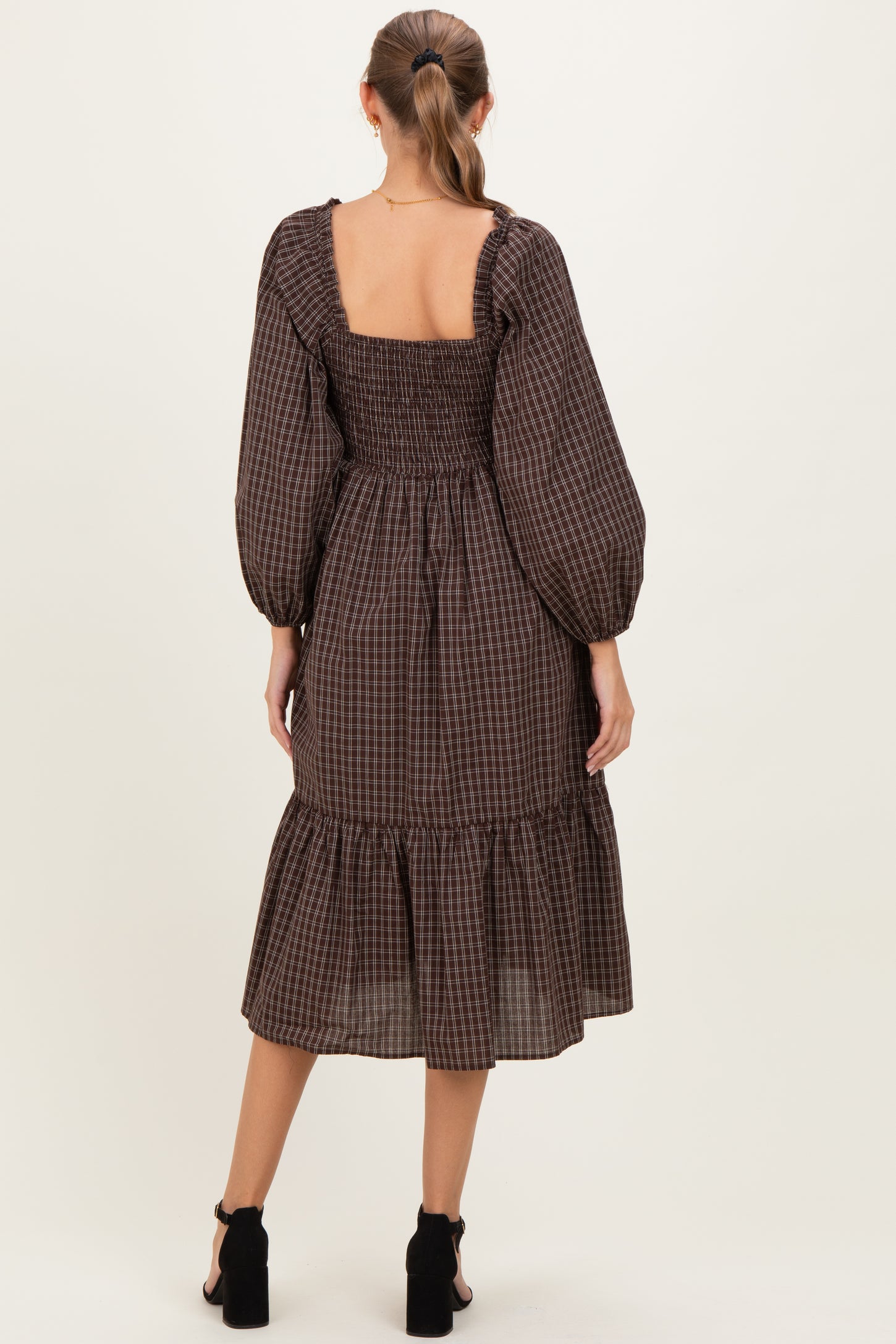 Brown Plaid Smocked Puff Sleeve Maternity Midi Dress