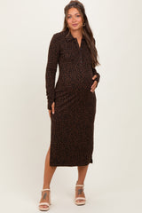 Brown Animal Print Collared Maternity Midi Dress
