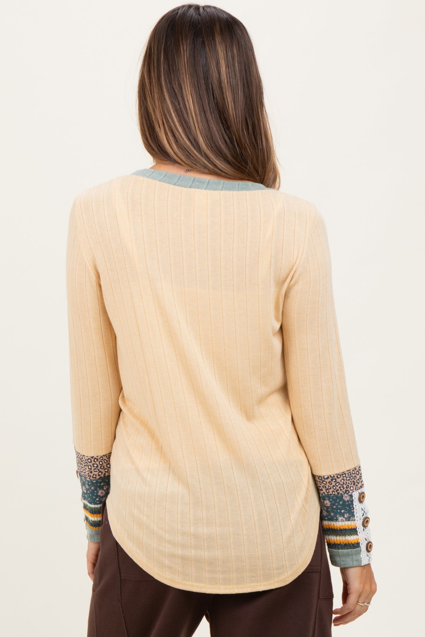 Yellow Colorblock Print Detail Long Sleeve Maternity Top