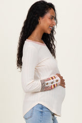 Cream Colorblock Print Detail Long Sleeve Maternity Top