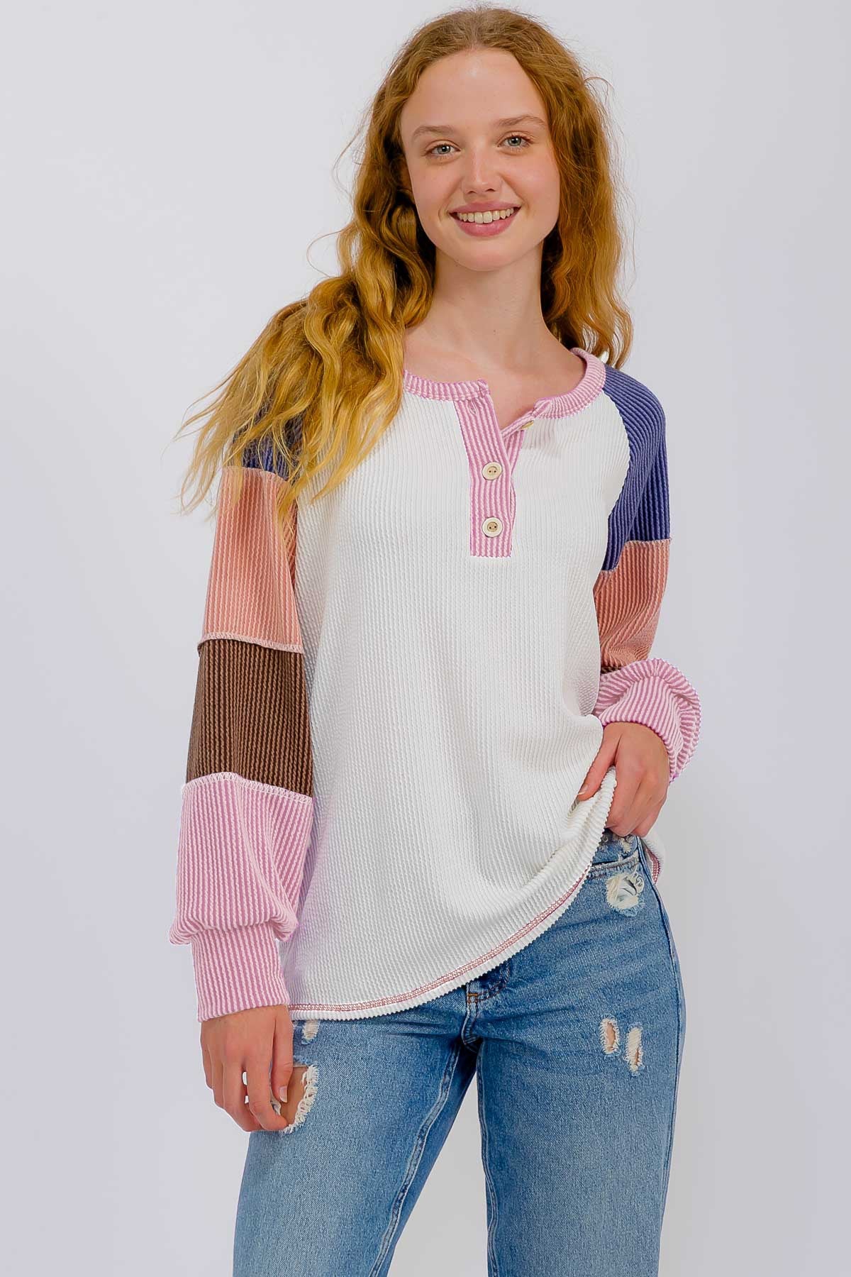 Pink Textured Rib Colorblock Raglan Maternity Long Sleeve