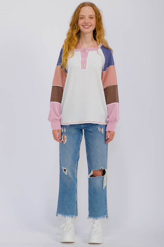 Pink Textured Rib Colorblock Raglan Long Sleeve