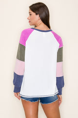 Navy Blue Multi Textured Rib Colorblock Raglan Long Sleeve