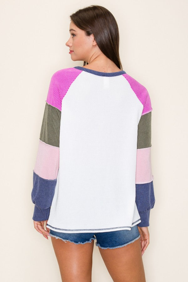 Navy Blue Multi Textured Rib Colorblock Raglan Long Sleeve