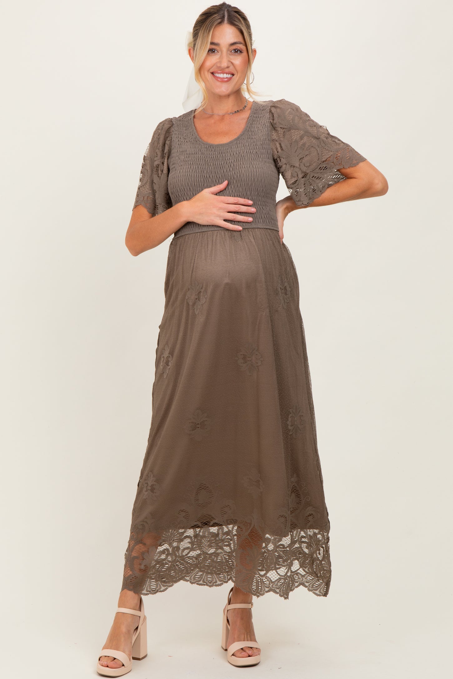 Olive Smocked Lace Detail Maternity Midi Dress