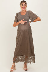 Olive Smocked Lace Detail Maternity Midi Dress